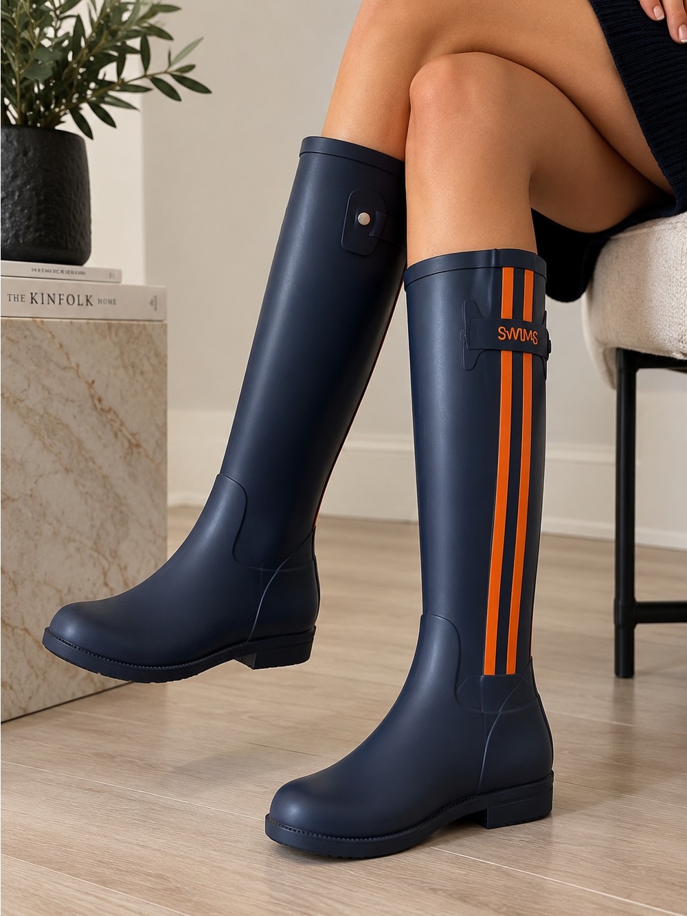 SWIMS Stella Tall Rain Boots Navy Orange Waterproof EU 38